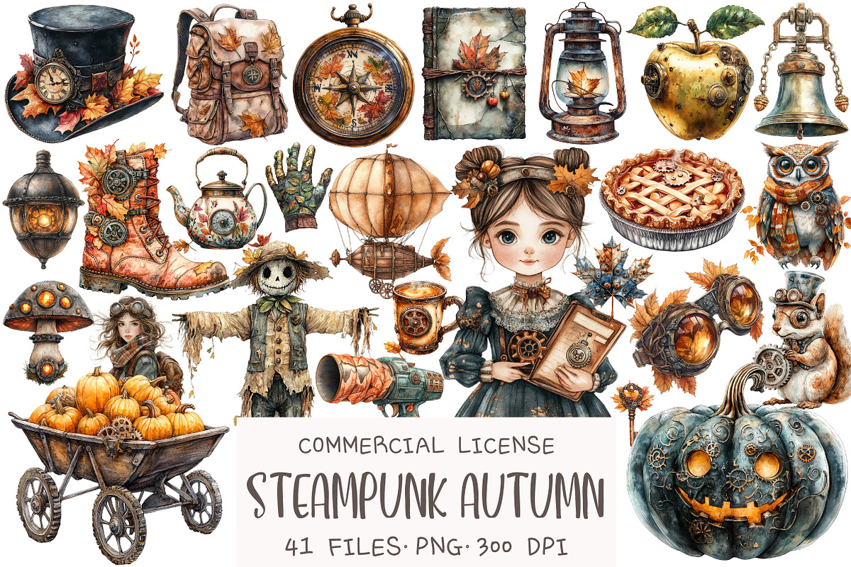 Steampunk Autumn Clipart, an Illustration by OK Design (Photo 1 of 5)