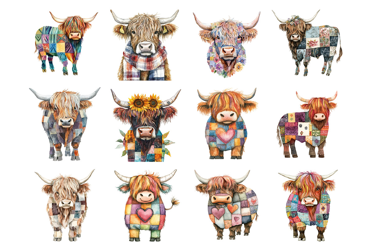 Patchwork Highland Cow Clipart, an Illustration by Design Market (Photo 2 of 3)
