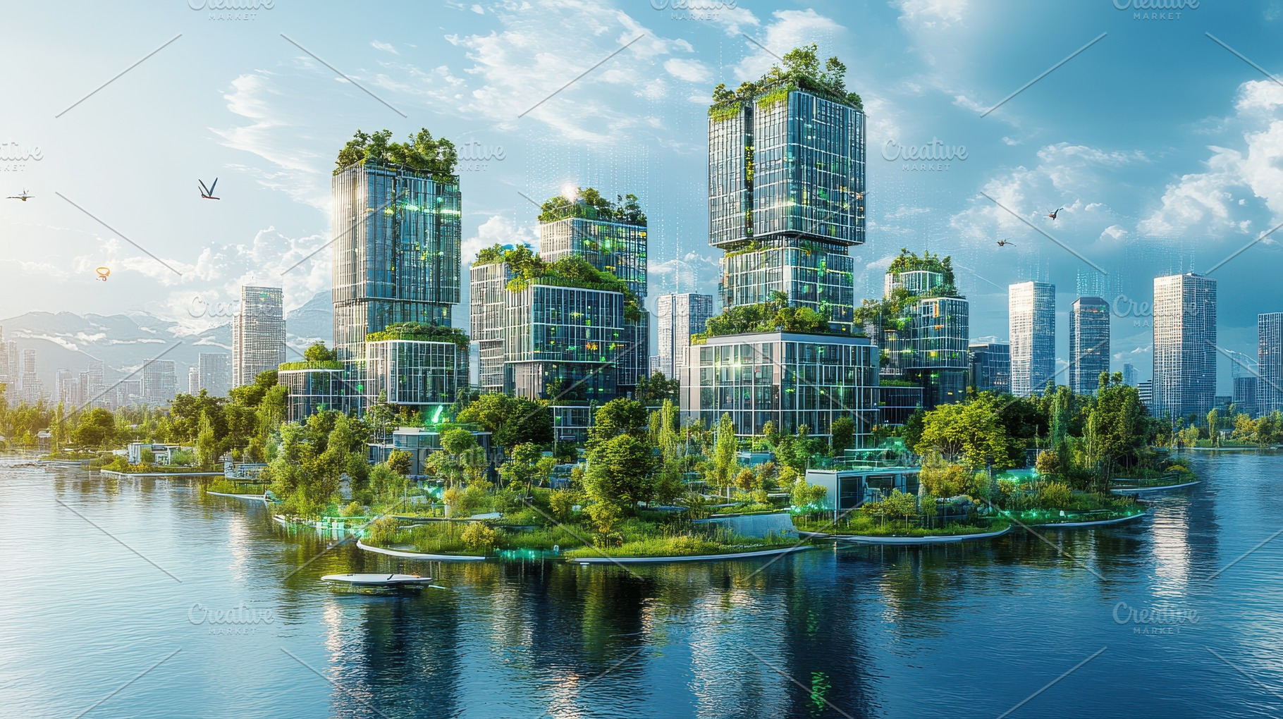 Eco-Cityscape: Modern buildings with, a Background Photo by Pixeness