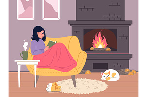 Girl reading book by fireplace. Cozy, an Object Illustration by YummyBuum