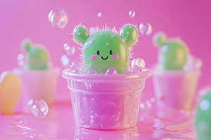 Cute smiling cactus in a vibrant pink setting surrounded by bubbles, a Photo by AlyaAnd