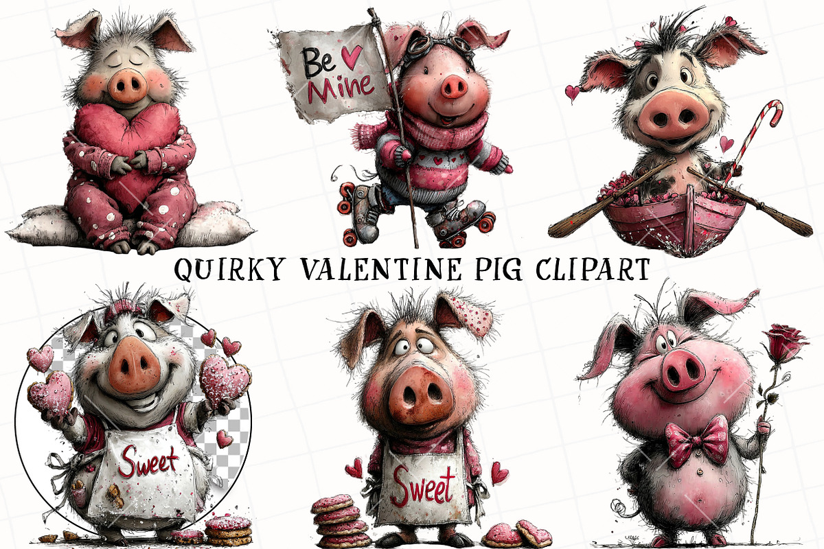 Quirky Valentine Pig Clipart, an Illustration by OK Design (Photo 2 of 6)