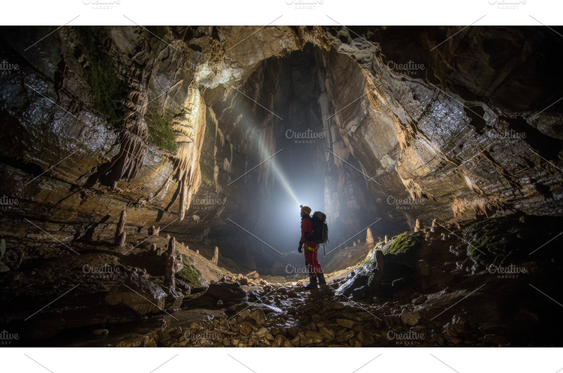Caver wearing a headlamp and red, a Person Photo by Igor Tichonow
