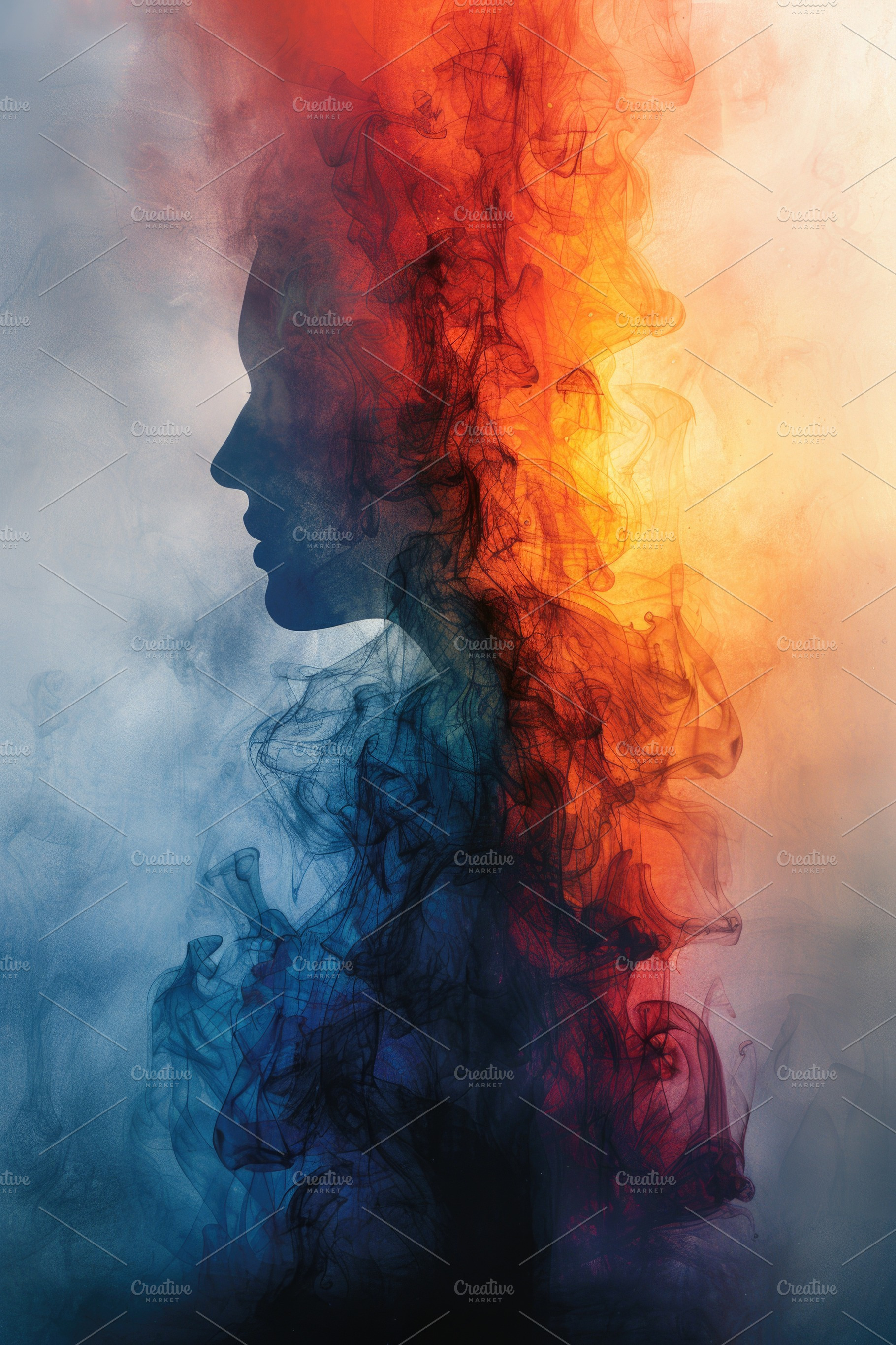 Abstract human profile with flowing smoke in warm and cool color, an Abstract Photo by José Manuel Gelpi