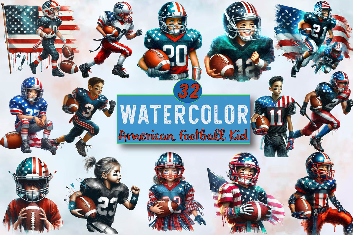 Watercolor American Football Kid Cli, an Illustration by SVGArt