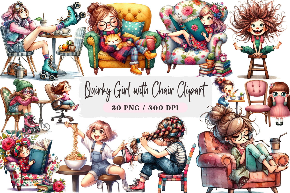 Quirky Girl with Chair Clipart, a Seasonal Illustration by DreamArtGraphic (Photo 1 of 4)