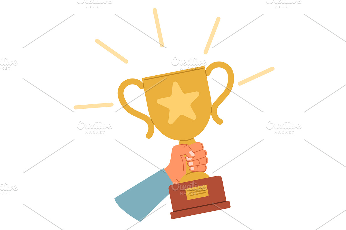 Hand holds golden trophy cup. Winner, an Object Illustration by Vectorbuum