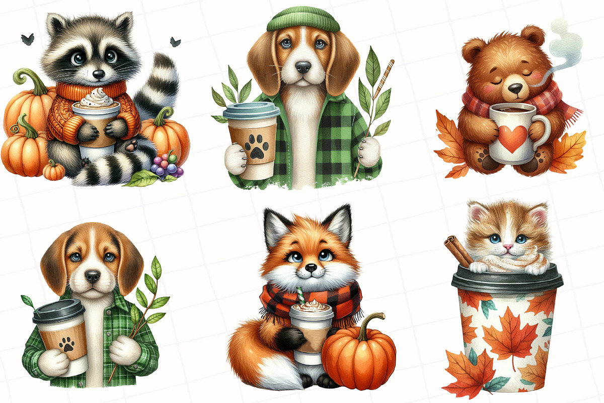 Fall Coffee Animals Clipart, an Illustration by OK Design (Photo 2 of 5)