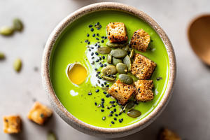 Green Creamy Soup with Croutons and Bread, a Food & Drink Photo by AlyaAnd