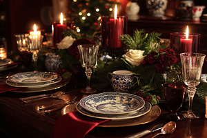 Christmas dinner table setting with flickering candles and festive decorations, a Food & Drink Photo by Studio ANNA