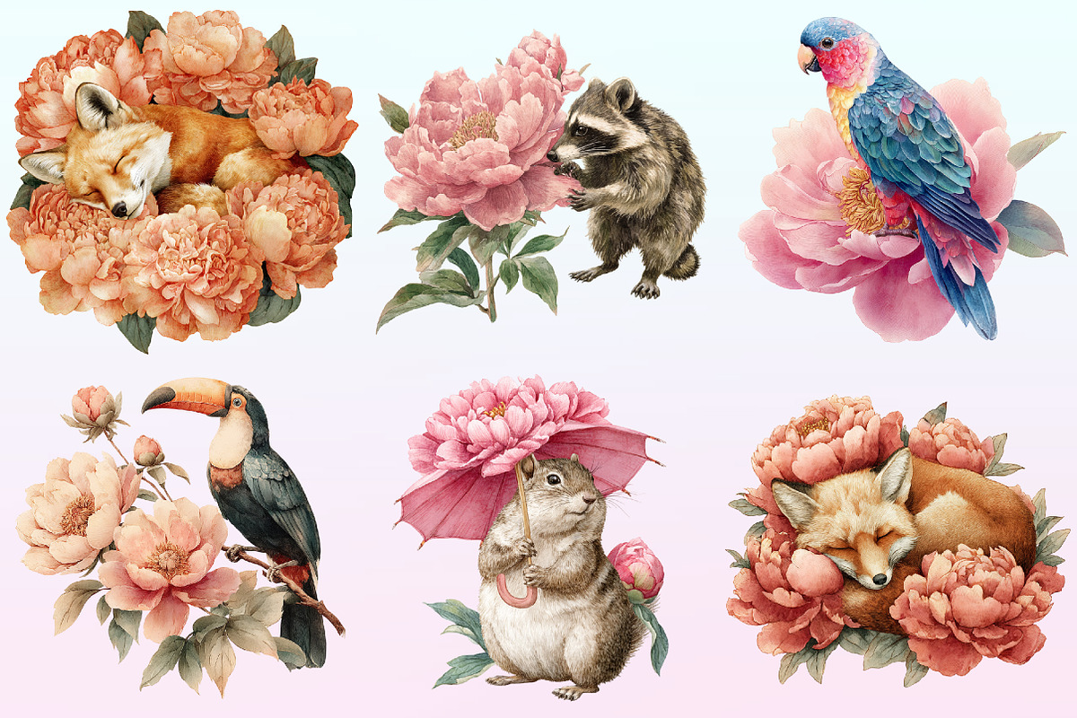 Summer Peony Animals Clipart., a Graphic by CitraGraphics (Photo 3 of 4)