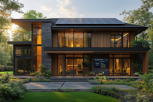 A modern two-story house with large glass windows, wooden accents, and solar pa, an Industrial Photo by Textures & Backgrounds