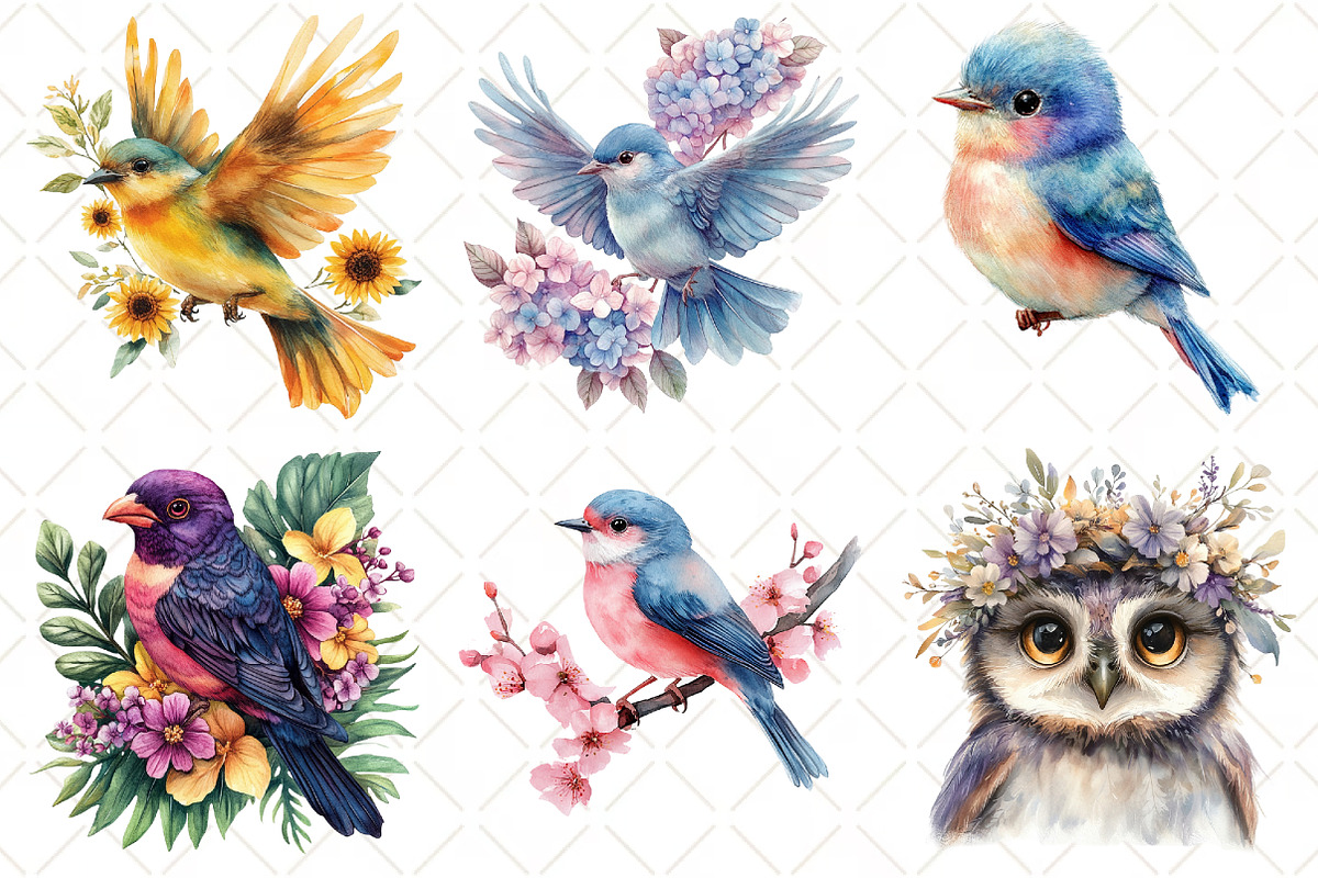 Watercolor Floral Birds Clipart, an Illustration by Black Bird Studio (Photo 5 of 5)