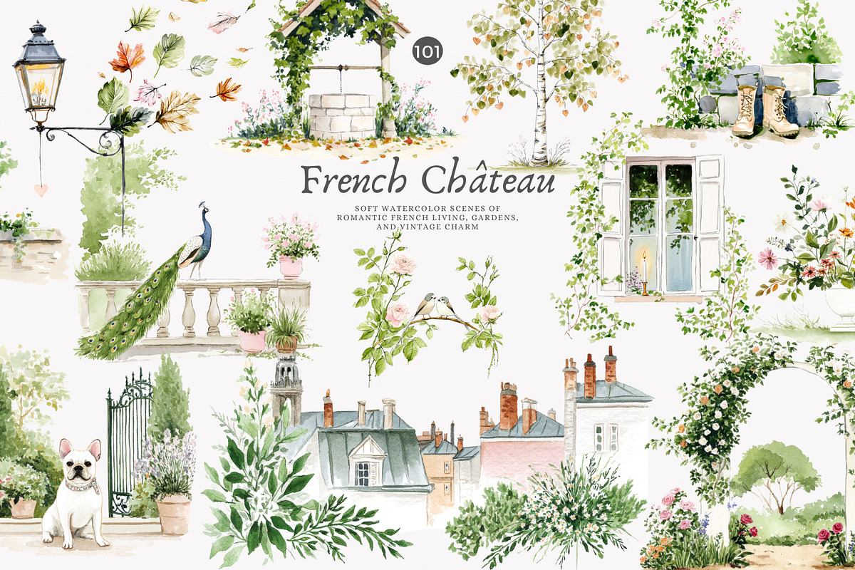 French Château watercolor clipart, a Decorative Illustration by Patishop Art (Photo 1 of 10)