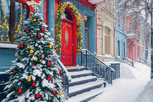A picturesque winter scene featuring a beautifully decorated Christmas tree wit, an Architecture Photo by Textures & Backgrounds