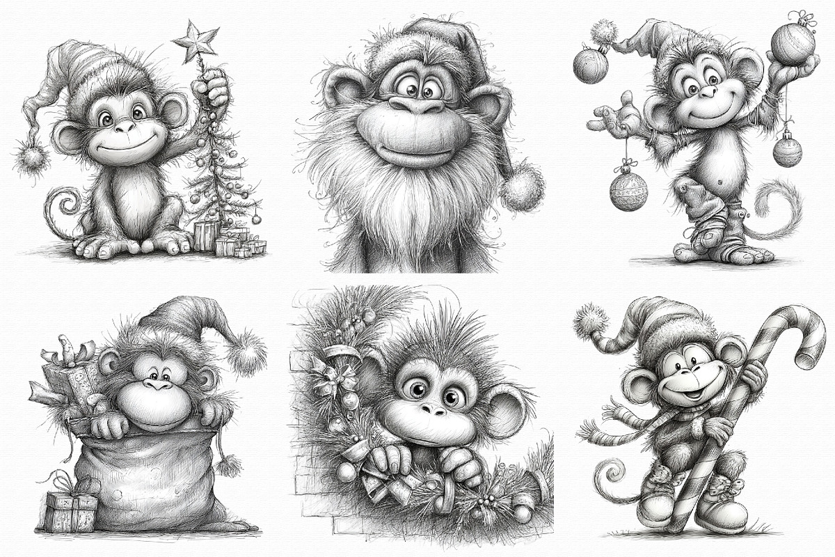 Christmas Monkey Sketch Art Clipart, an Illustration by Libby Wishes (Photo 2 of 7)