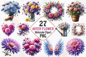 Aster Flower Watercolor Cliparts, an Illustration by RobertsArt