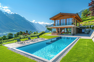 Modern house in suburb with beautiful green landscape and swimmi, an Architecture Photo by AlyaAnd