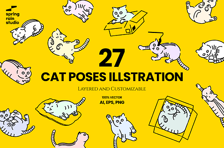 27 Cartoon Cat Poses Illustrations
