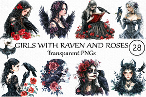 Gothic Girls with raven and roses, an Illustration by Craft Nest