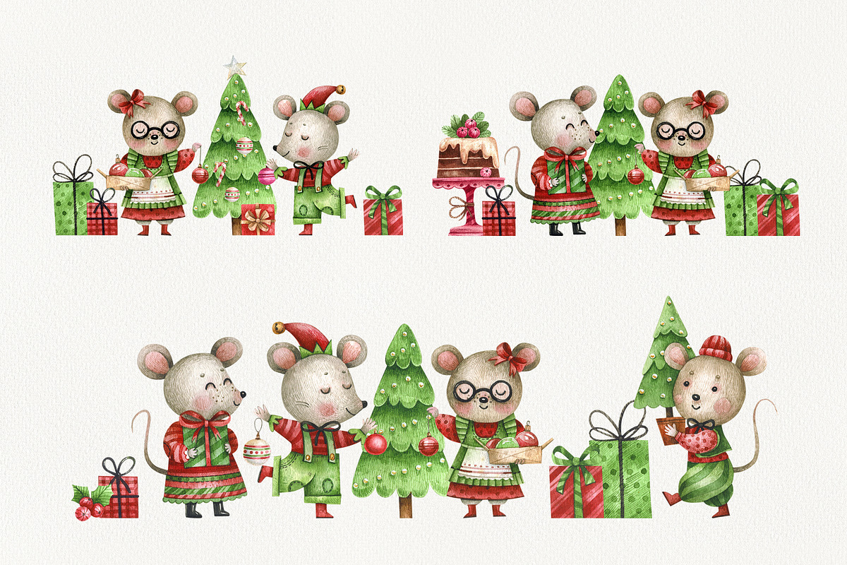 Miсe Christmas Party, an Animal Illustration by Watercolor by Tonia Tkach (Photo 4 of 9)