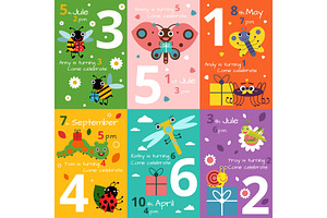 Invitation Cards For Kids Birthday With Illustrations Of Funny Insects And Bugs. Vector Pictures