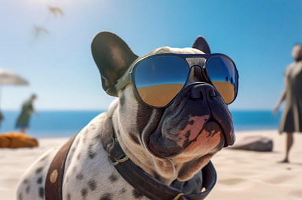 Bulldog dog sitting on the sand at, an Animal Photo by huertas19