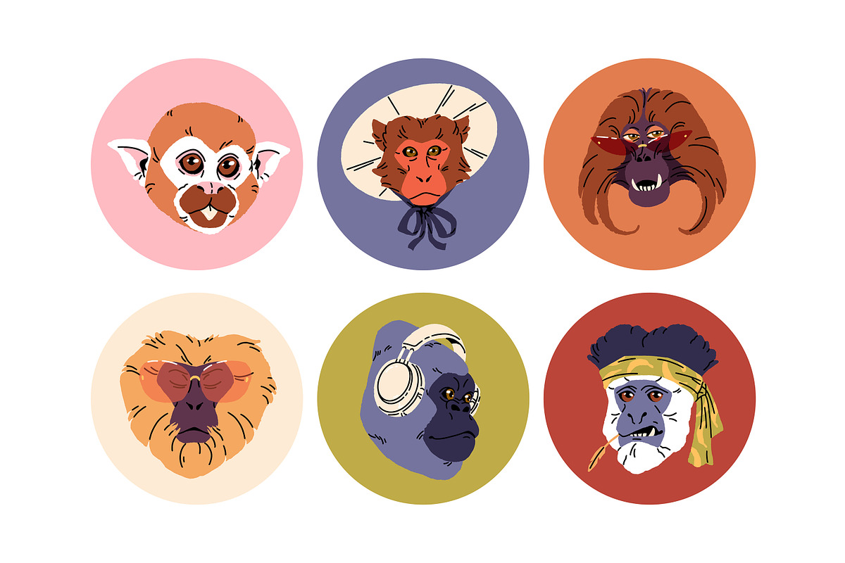 Funny monkeys avatars set + patterns, an Animal Illustration by PaperTrident (Photo 3 of 6)