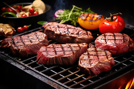 Raw meat steaks with rosemary and vegetables on grill, a Food & Drink Photo by AlyaAnd
