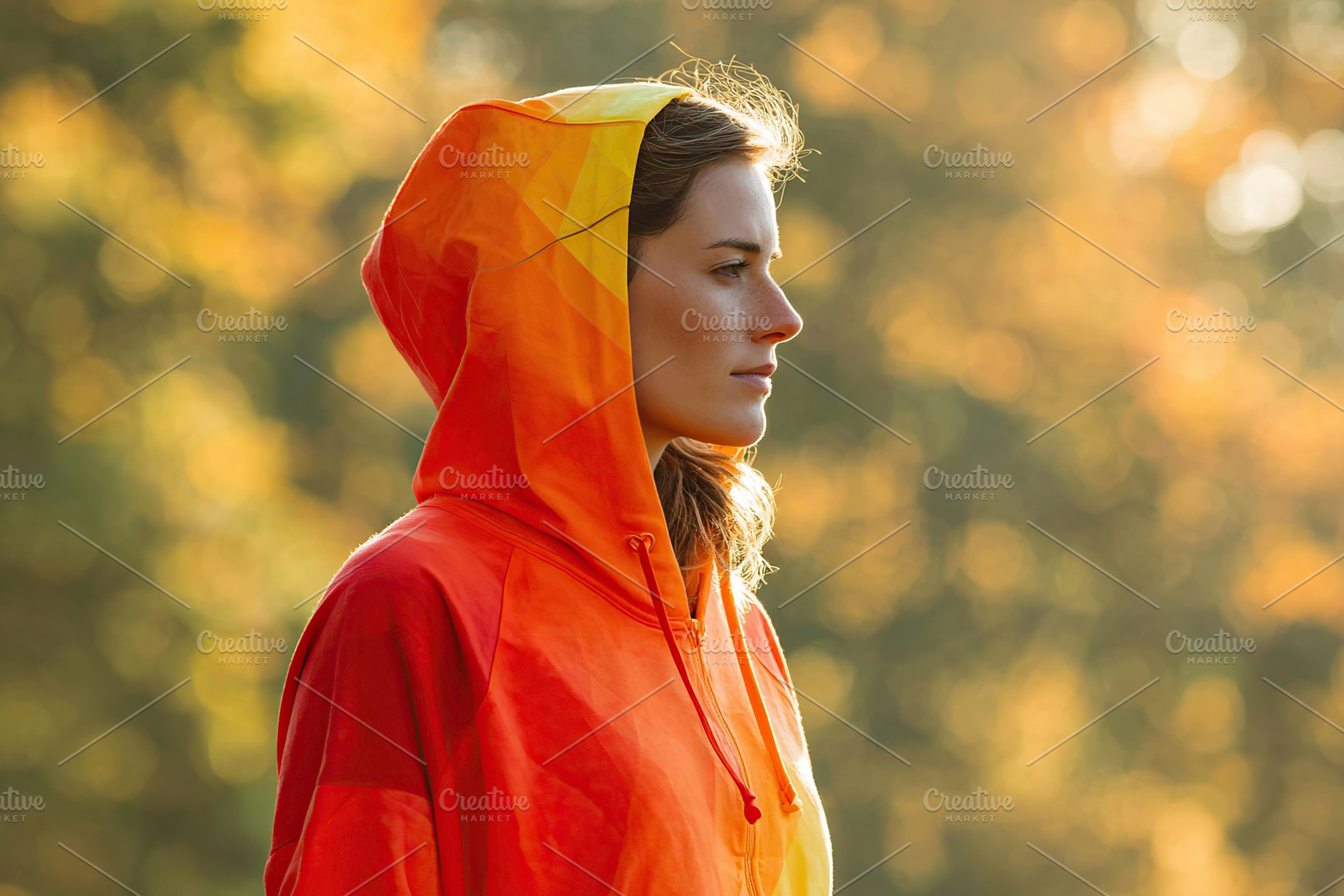 Woman in colorful hoodie standing in serene outdoor setting during golden hour, a Photo by AlyaAnd