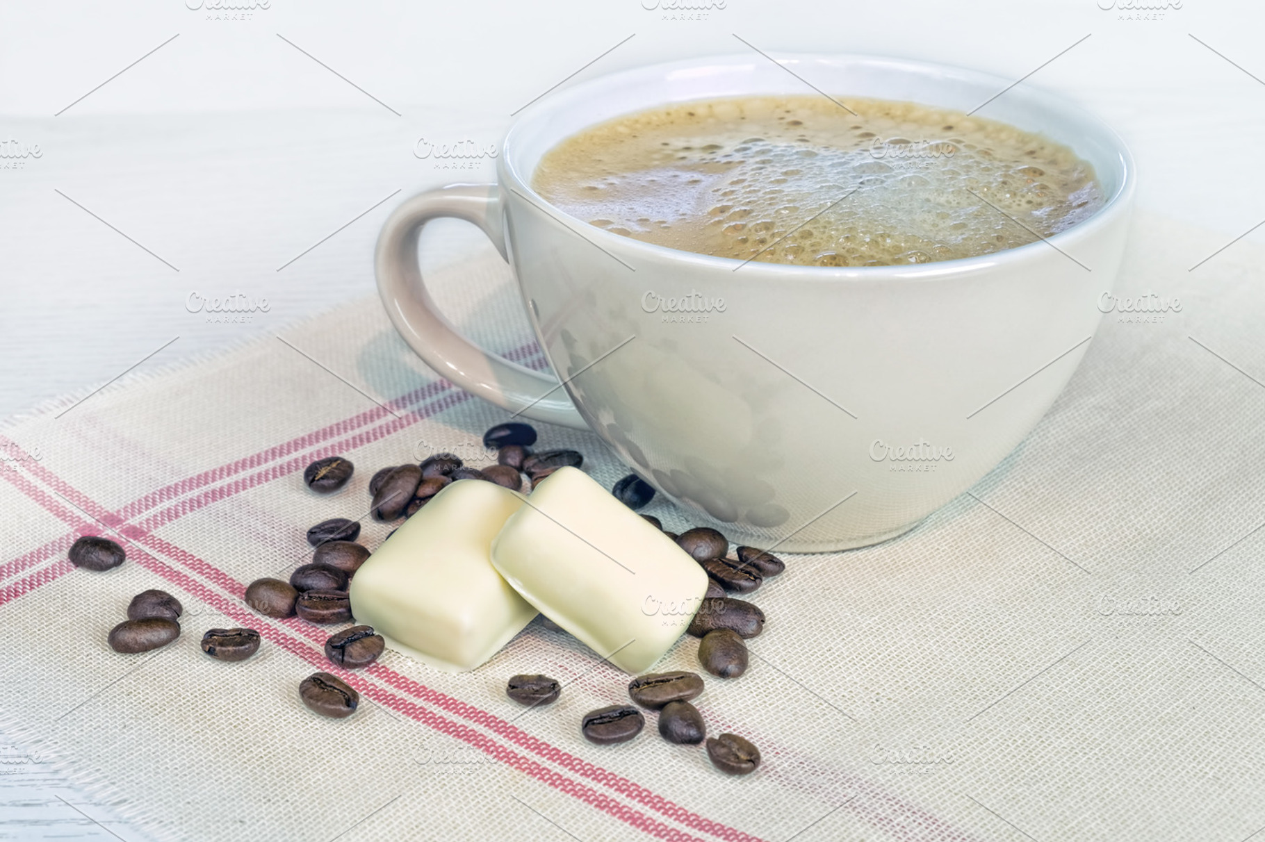 Coffee mug with chocolate candies featuring sweet, black, and mug, a Food & Drink Photo by Verlena's Corner