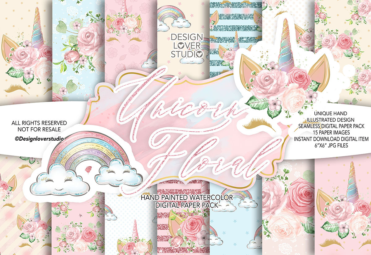 Unicorn Floral digital paper pack, a Pattern Graphic by designloverstudio