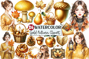 Watercolor Gold Autumn Clipart, an Illustration by Rose Art