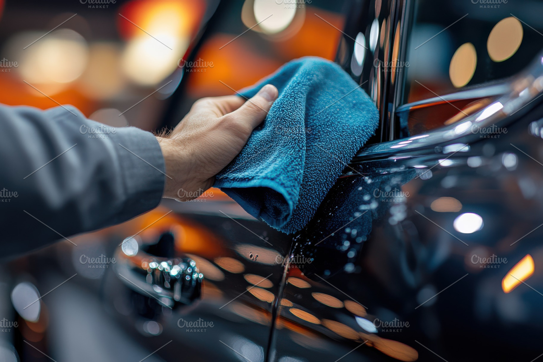 Hand detailing a black car with a bl, a Photo by Pixeness Studio