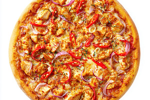 Chicken pizza with red onions, chili peppers, and melted cheese,, a Photo by Studio ANNA