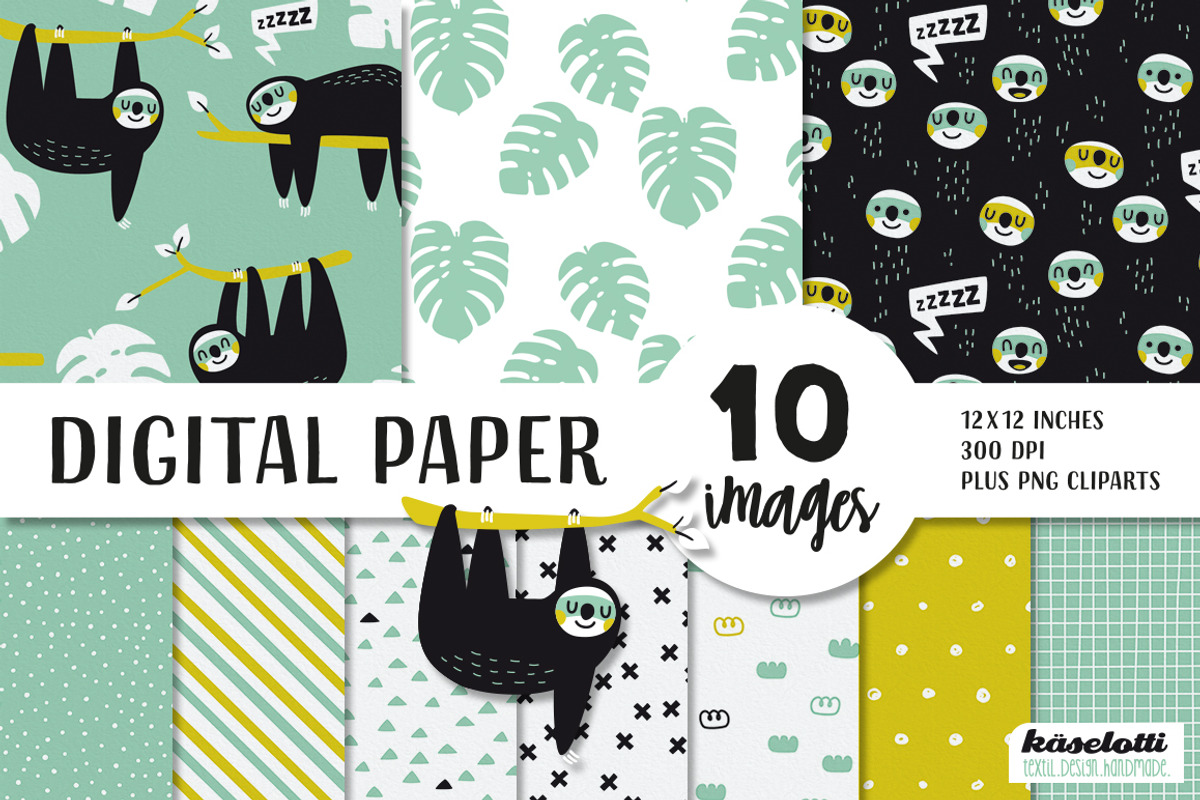 Sloth mint Digital Paper and Clipart, a Pattern Graphic by kaeselotti (Photo 1 of 5)