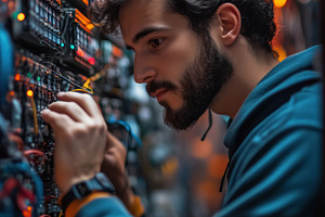 A focused young man systems engineer with a beard working on a complex network, a Person Photo by Textures & Backgrounds