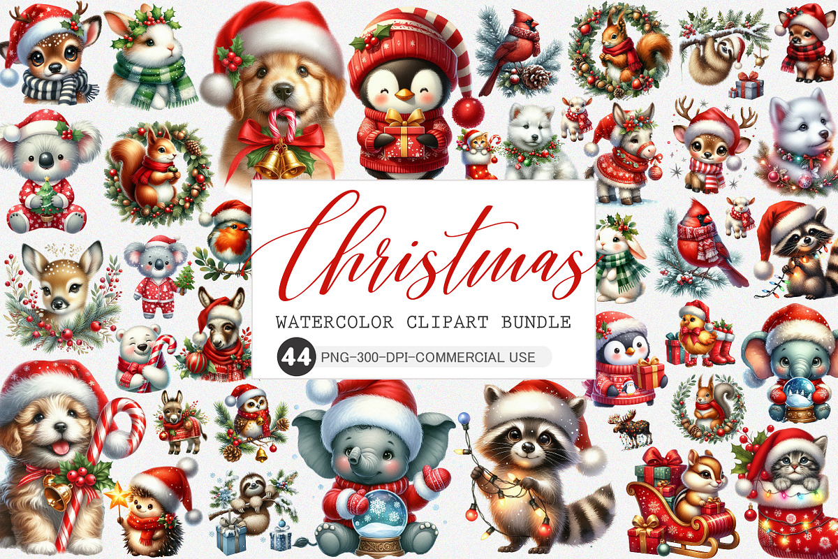 Watercolor Christmas Animals Clipart, an Illustration by SinaCreation (Photo 1 of 7)