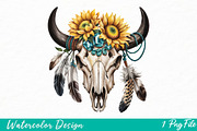 Sunflower Boho Bull Skull PNG, an Illustration by Watercolor design (Thumbnail 1 of 3)