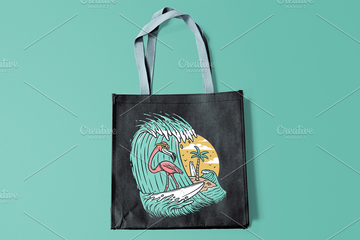 cute flamingo surfing the sea, an Animal Illustration by gunaonedesign (Photo 6 of 6)