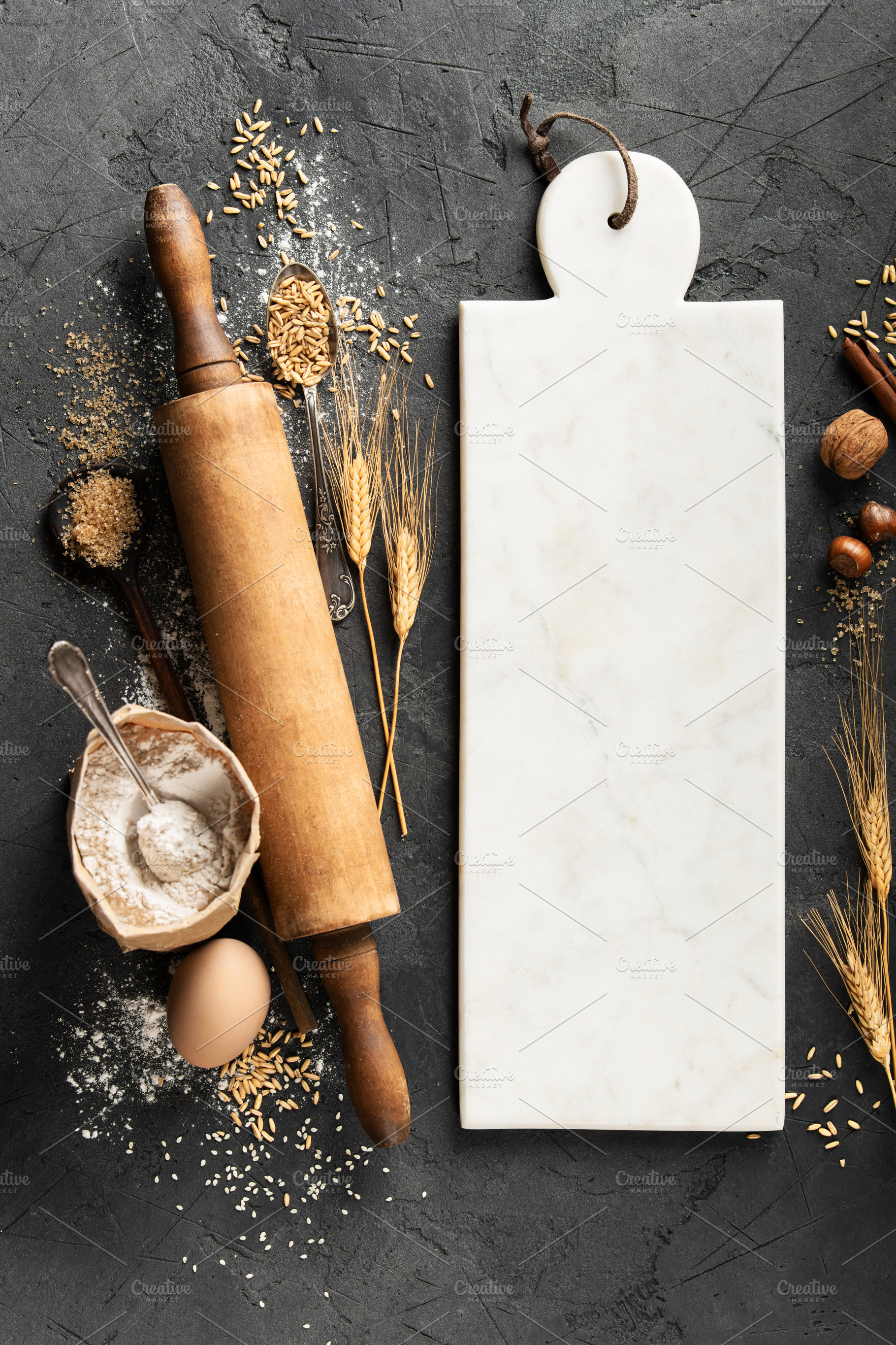 Rustic Baking Ingredients with Marble Cutting Board, a Food & Drink Photo by Natalia Klenova's Shop