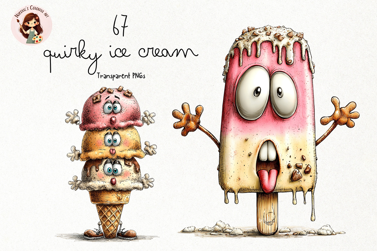 Quirky Ice Cream Watercolor Clipart, a Food Illustration by Nicolle's Colorful Art (Photo 1 of 6)