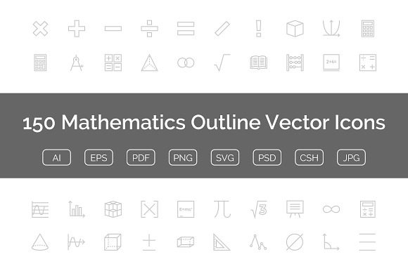 150 Mathematics Outline Vector Icons