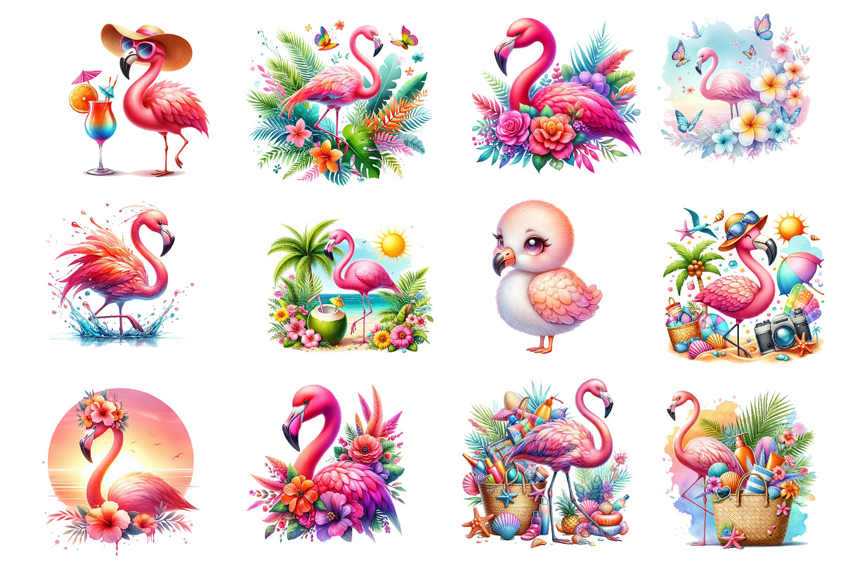 Watercolor Summer Flamingo Clipart, an Illustration by Dream Creation (Photo 3 of 4)