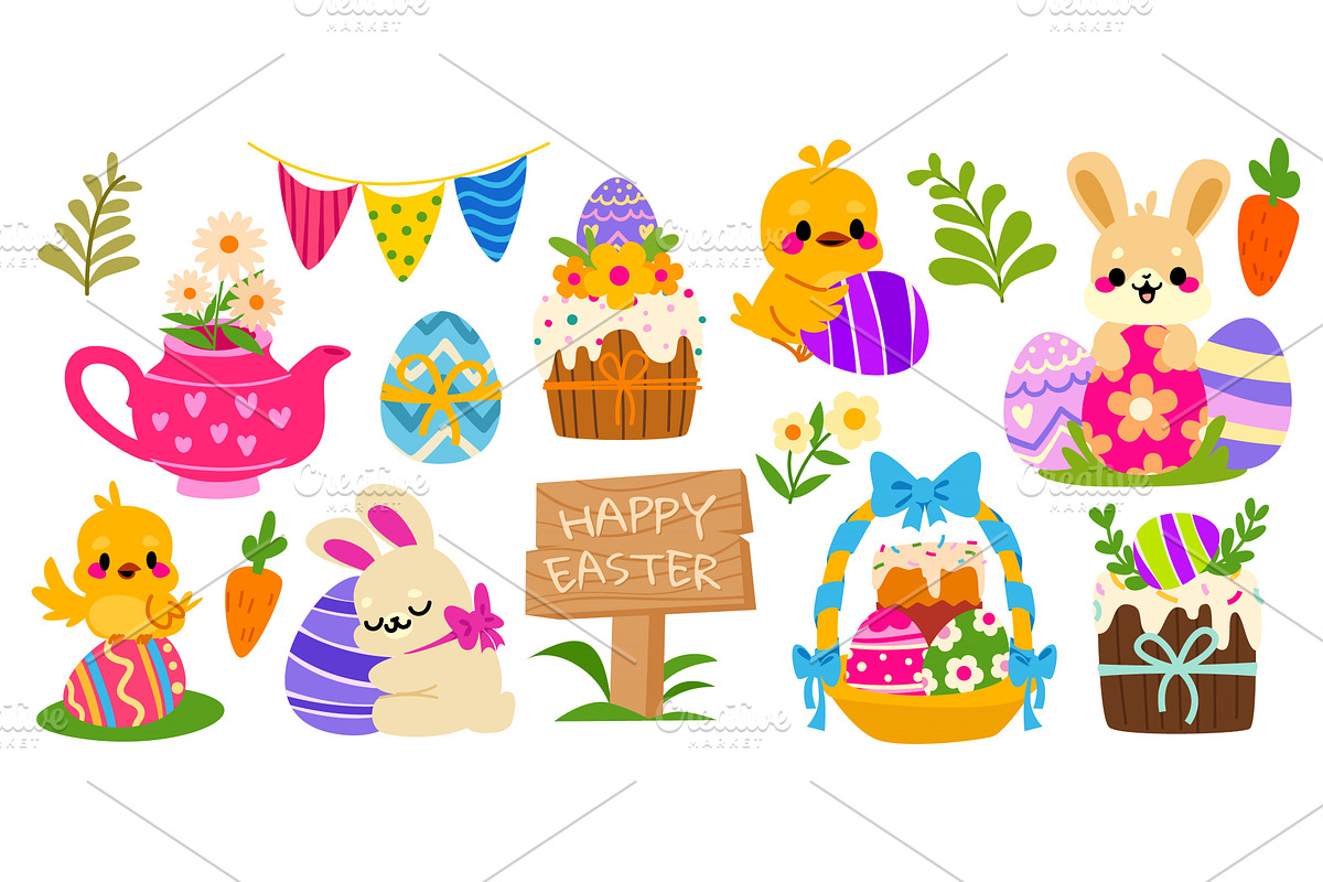 Easter bunny, chick and colored eggs, an Illustration by art PVP - market