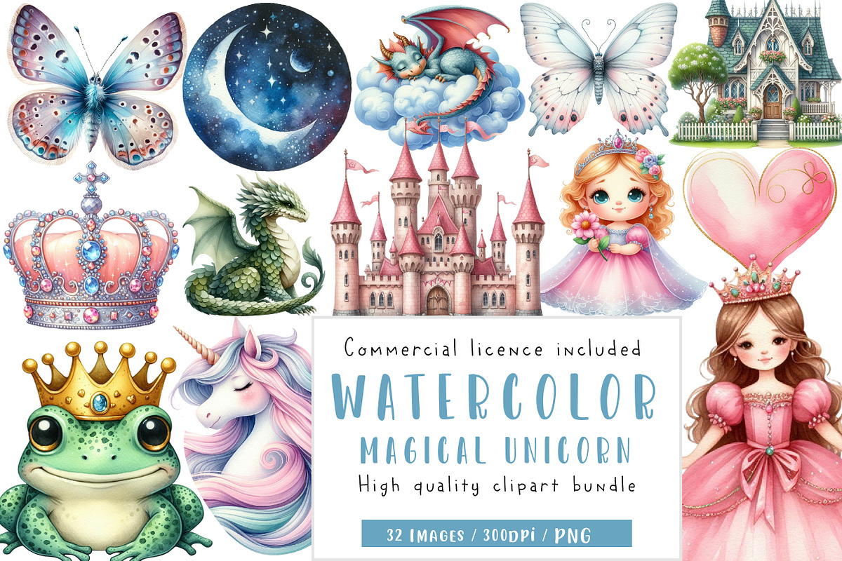 Cute Magical Unicorn Clipart, an Illustration by CreationArt (Photo 1 of 5)