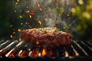 Grilling steak with herbs outdoors at sunset for a delicious barbecue experienc, a Food & Drink Photo by AlyaAnd