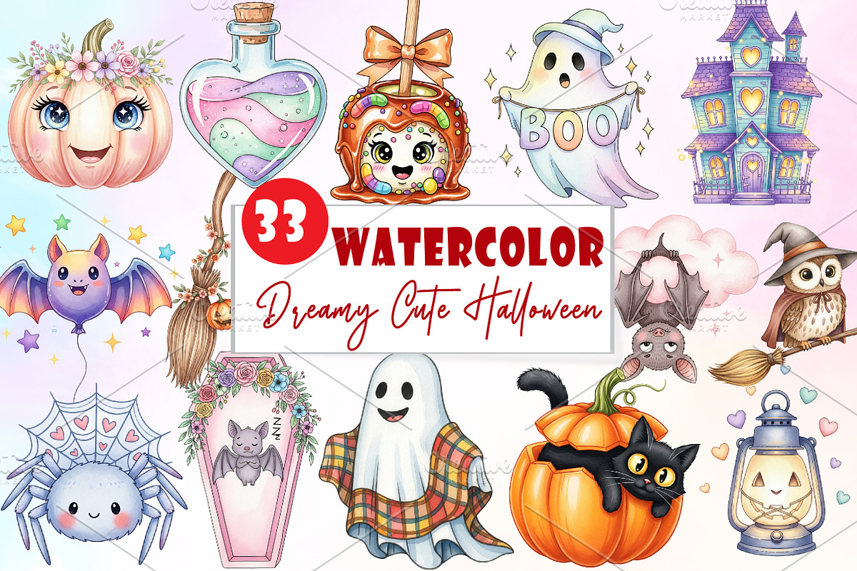 Dreamy Cute Halloween Clipart, an Illustration by Watercolor design (Photo 1 of 6)