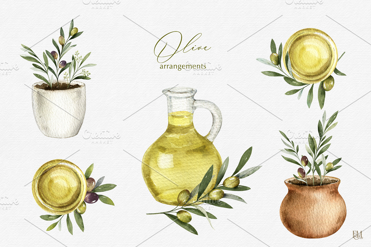 Olive watercolor collection, a Food Illustration by Elena Medvedeva