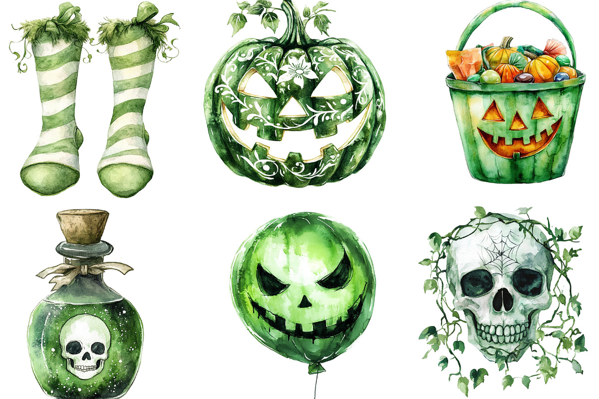 Green & White Halloween Clipart, an Illustration by CraftArtStudio (Photo 3 of 6)